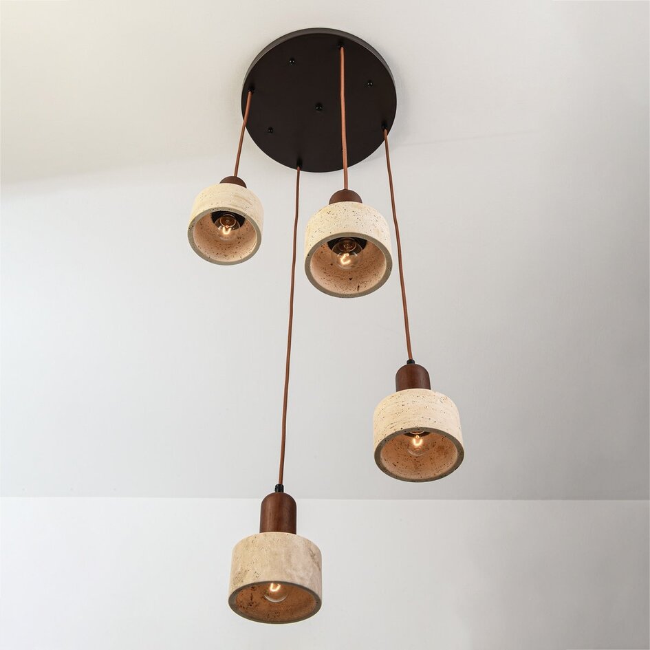 Japandi hanglamp Muro van travertin (natuursteen) en hout, 4-lichts