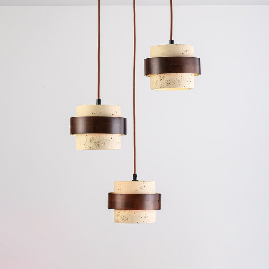 Suspension ronde Mavero en ciment et bois, 3 lumières
