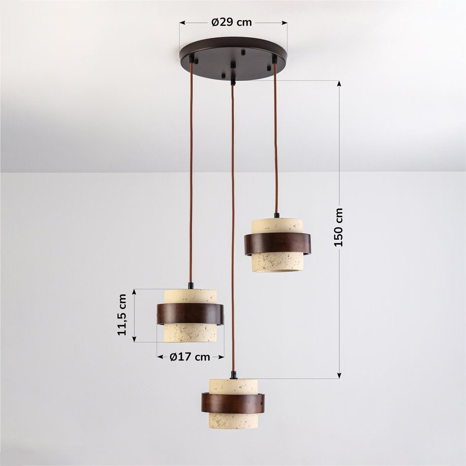 Suspension ronde Mavero en ciment et bois, 3 lumières