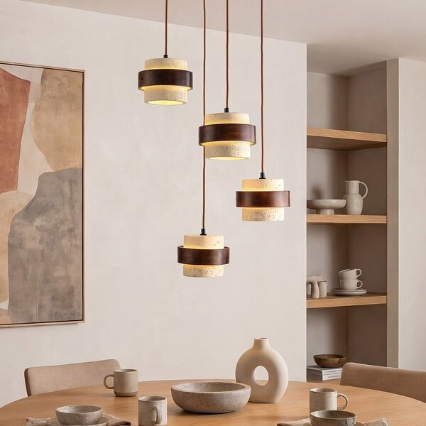 Hanglamp Mavero rond van cement en hout, 4-lichts