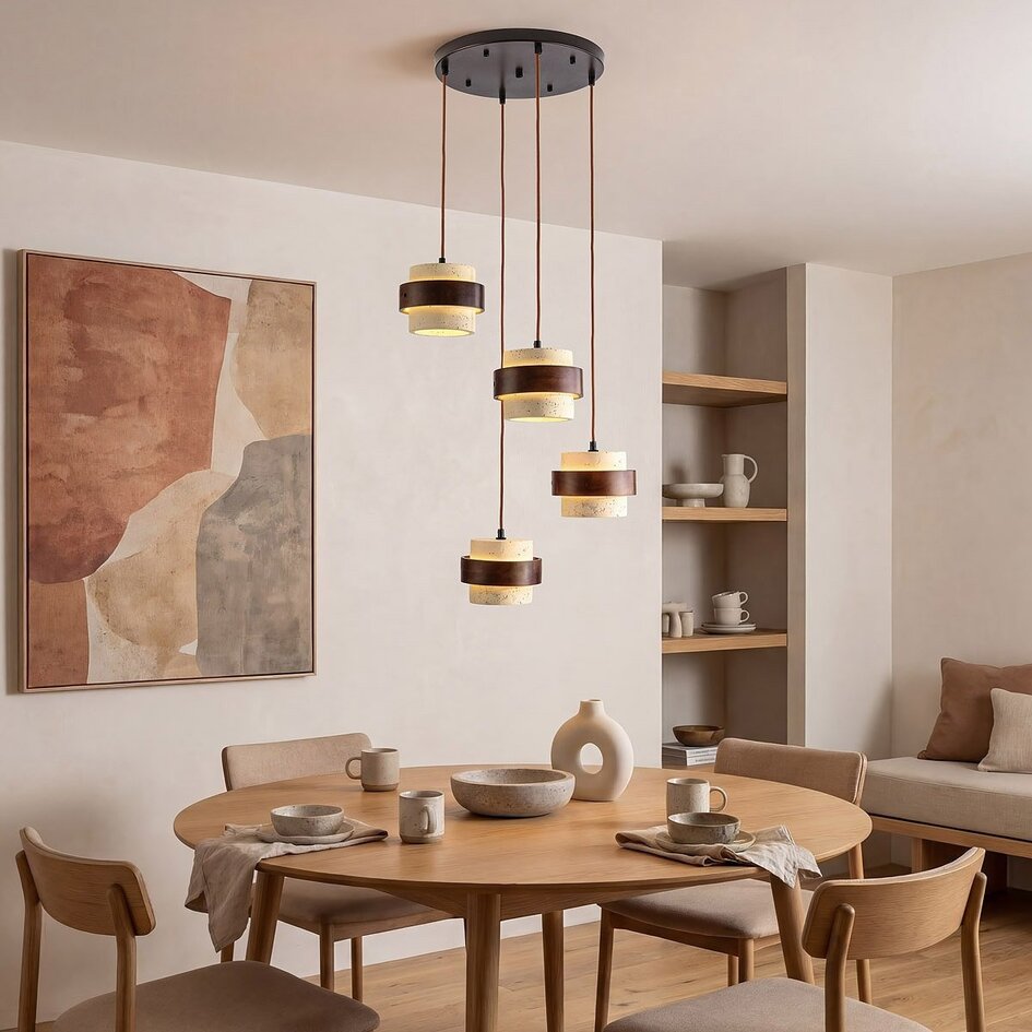 Suspension Mavero ronde en ciment et bois, 4 lumières