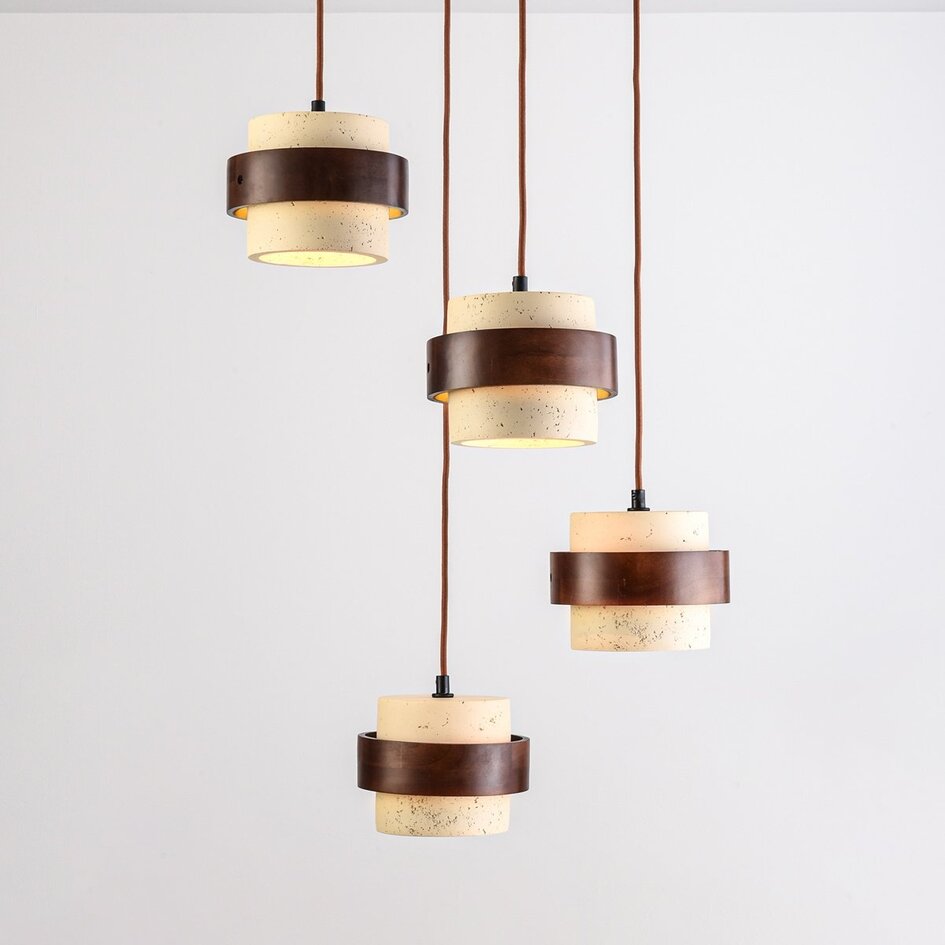 Suspension Mavero ronde en ciment et bois, 4 lumières