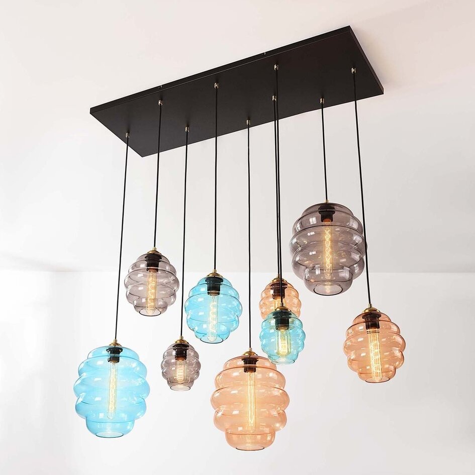 Suspension design Zavari avec 9 boules en verre ambré, fumé et bleu