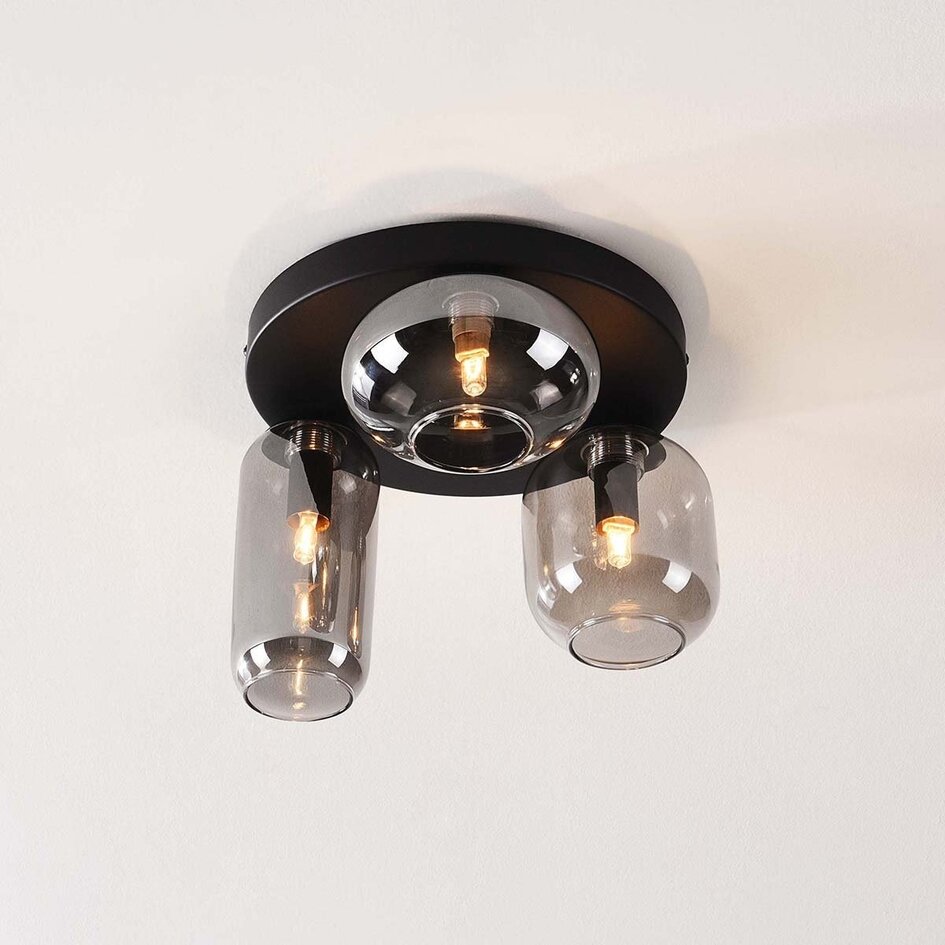 Zwarte plafondlamp Penba met 3 smoke glazen kappen