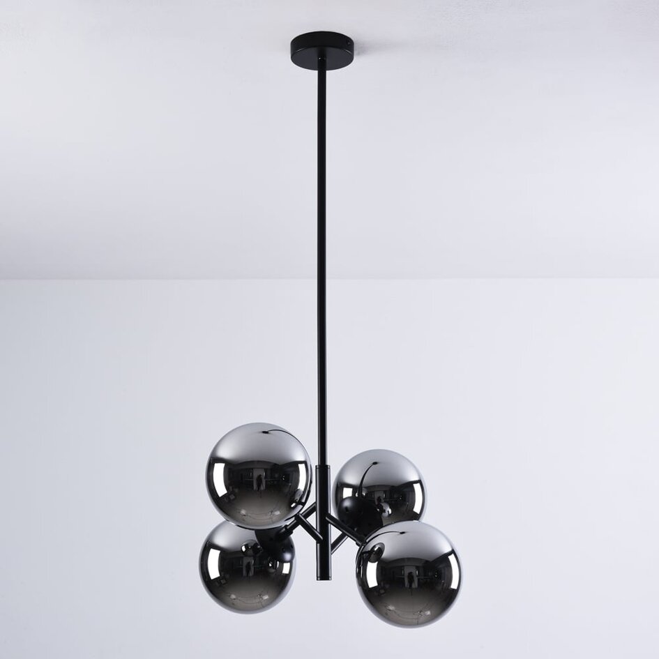 Retro hanglamp zwart met smoke glas en spiegeleffect, 4-lichts - Florence