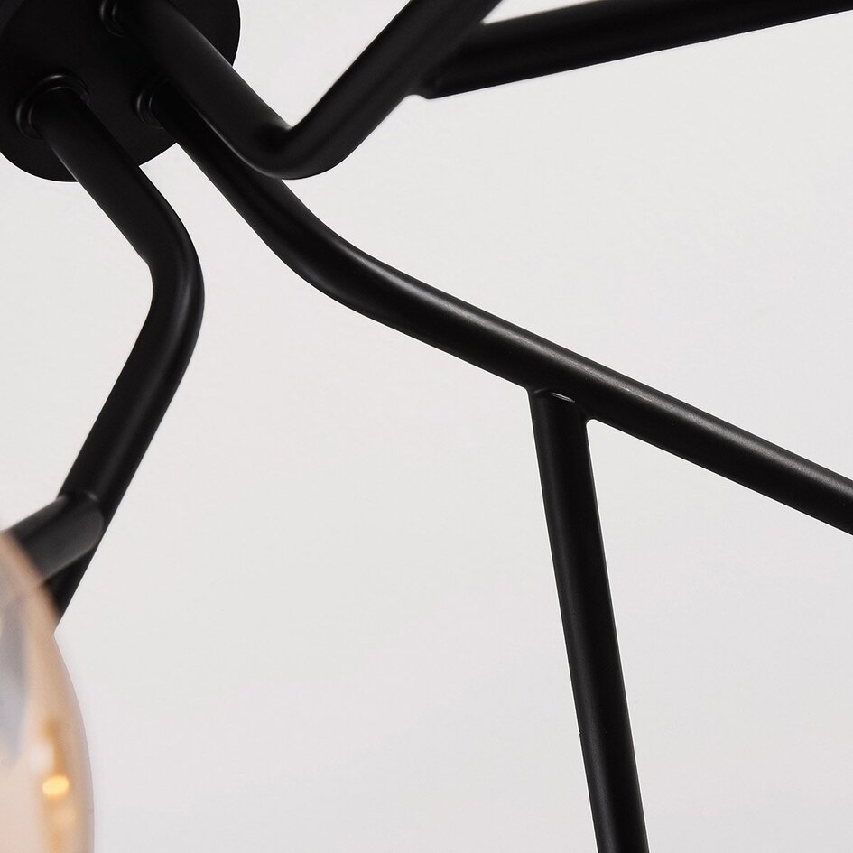 Plafondlamp Leon in zwart met amber glas, 6-lichts