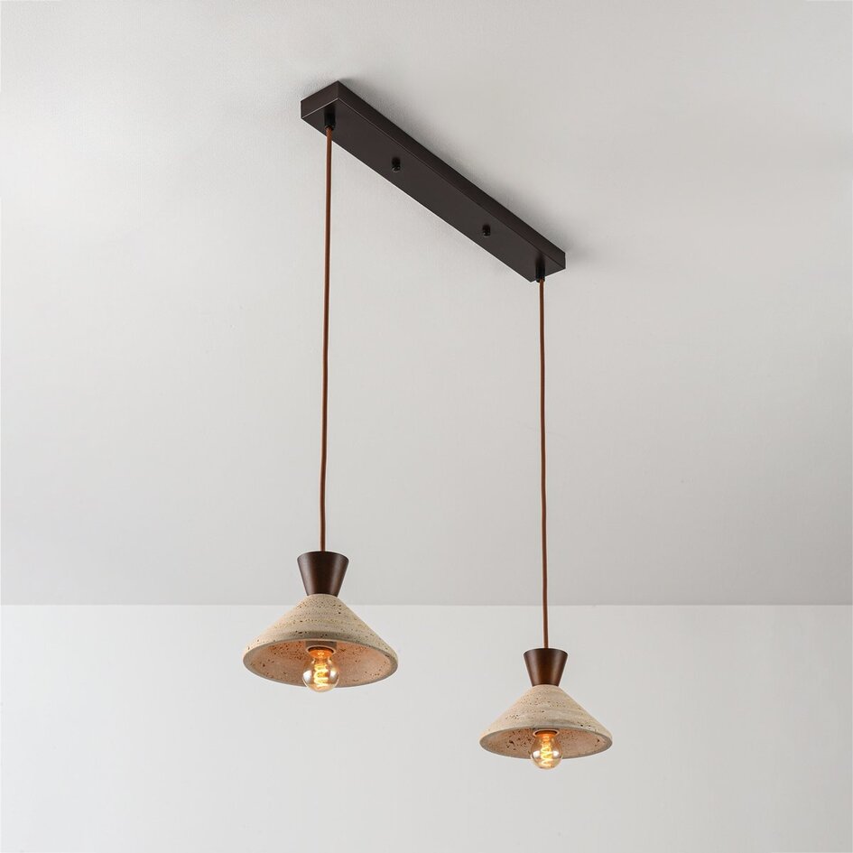 Suspension Japandi Mara à 2 lumières - travertin (pierre naturelle) et bois