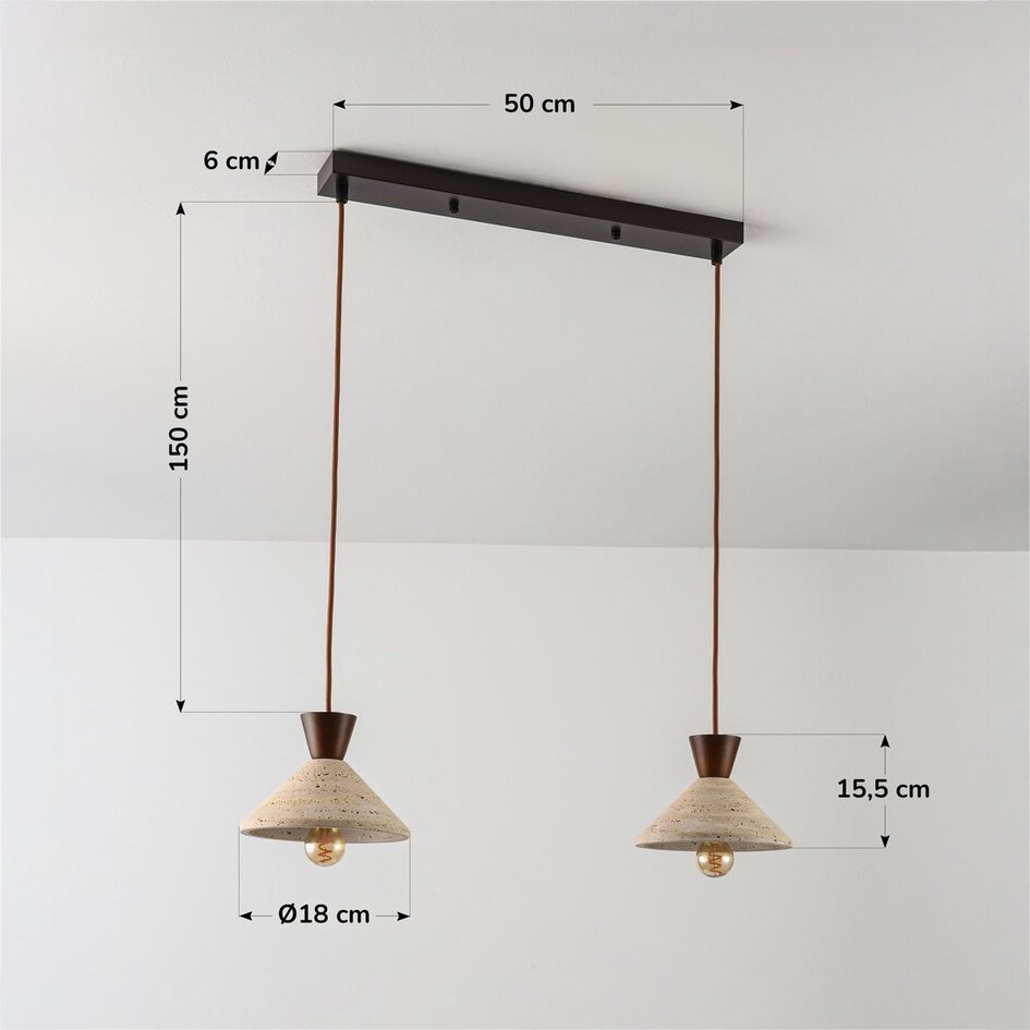 Suspension Japandi Mara à 2 lumières - travertin (pierre naturelle) et bois
