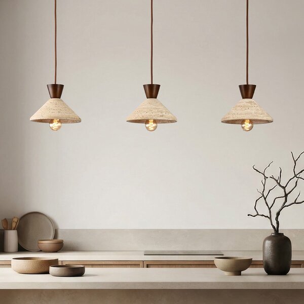 3-lichts Japandi hanglamp Mara van travertin (natuursteen) en hout