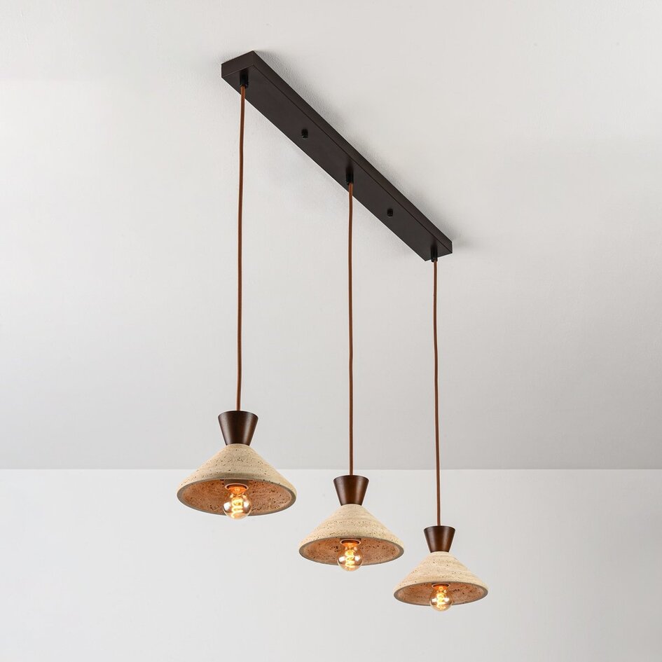Suspension Japandi Mara à 3 lumières - travertin (pierre naturelle) et bois