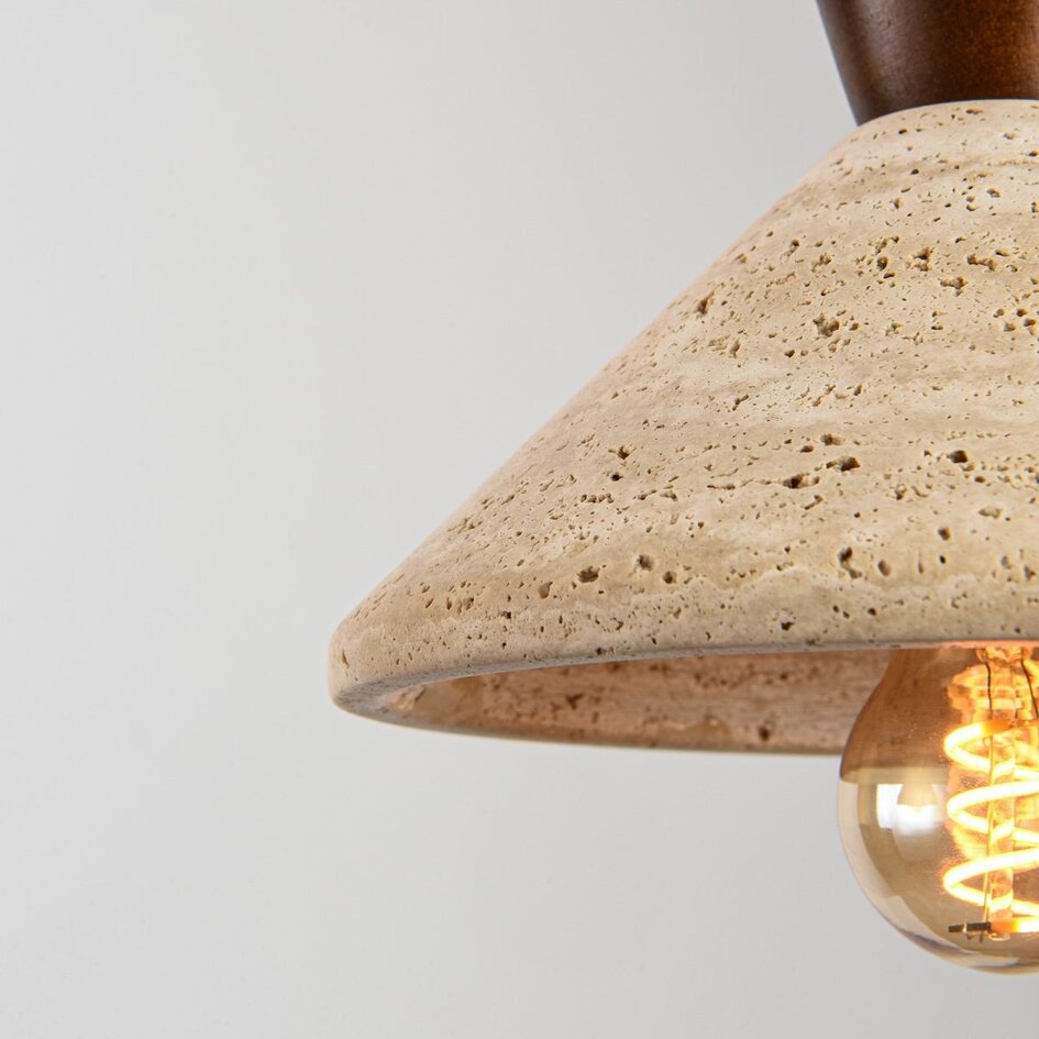 Suspension Japandi à 3 lumières Mara en travertin (pierre naturelle) et bois