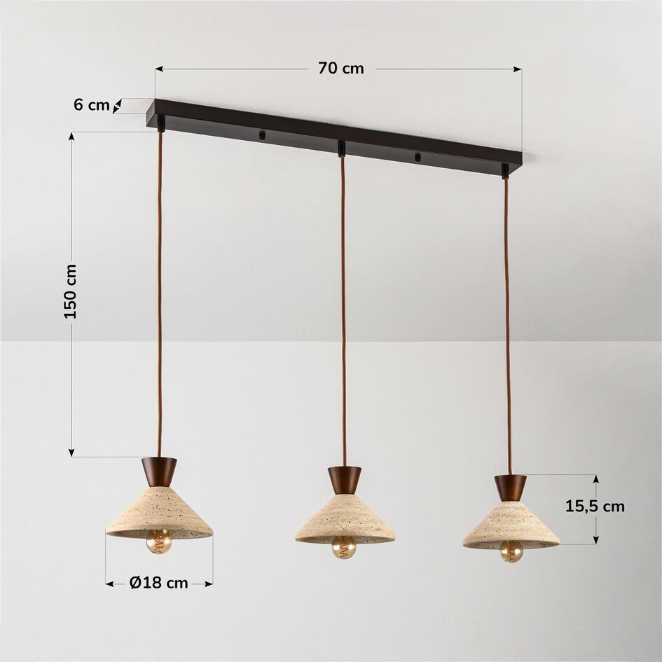 Suspension Japandi à 3 lumières Mara en travertin (pierre naturelle) et bois