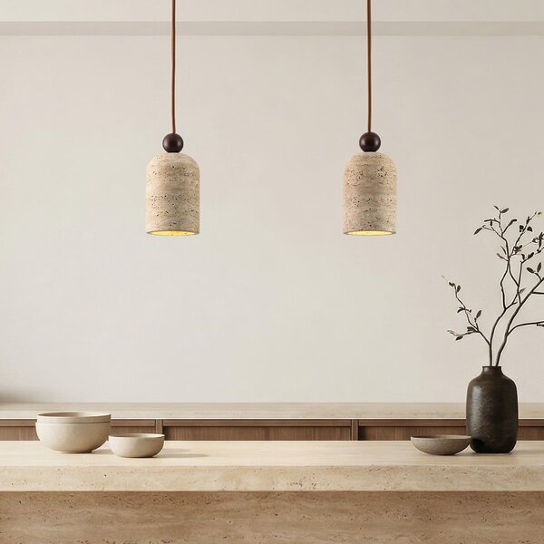 Japandi hanglamp Voro van travertin (natuursteen) en hout, 2-lichts