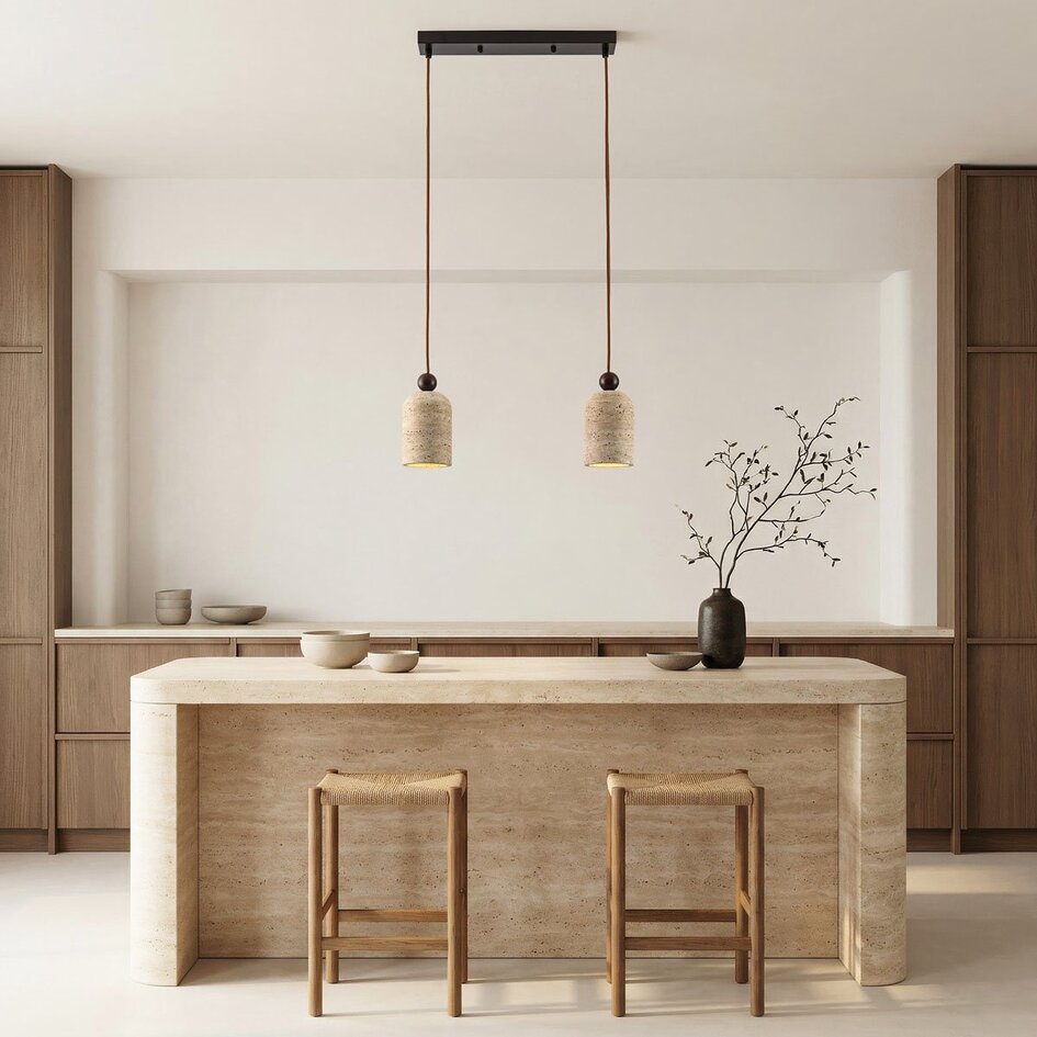 Suspension Japandi Voro en travertin (pierre naturelle) et bois, 2 lumières