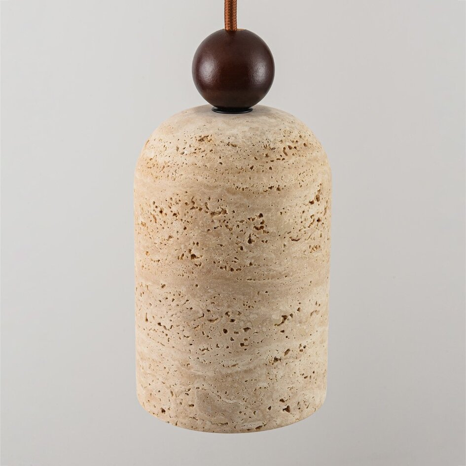 Suspension Japandi Voro en travertin (pierre naturelle) et bois, 2 lumières