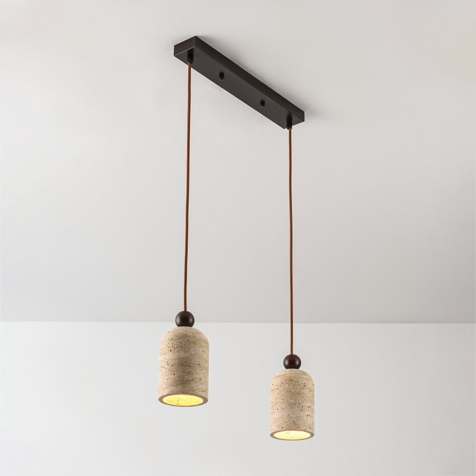 Suspension Japandi Voro en travertin (pierre naturelle) et bois, 2 lumières