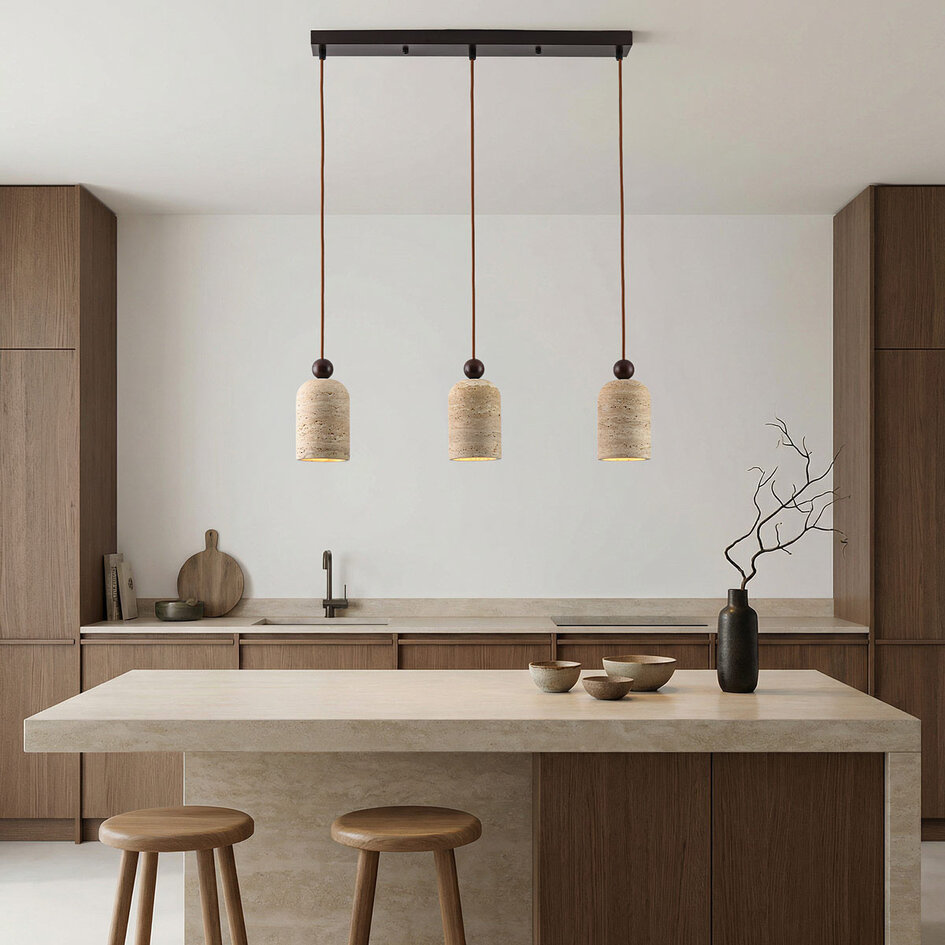 3-lichts Japandi hanglamp Voro van travertin (natuursteen) en hout