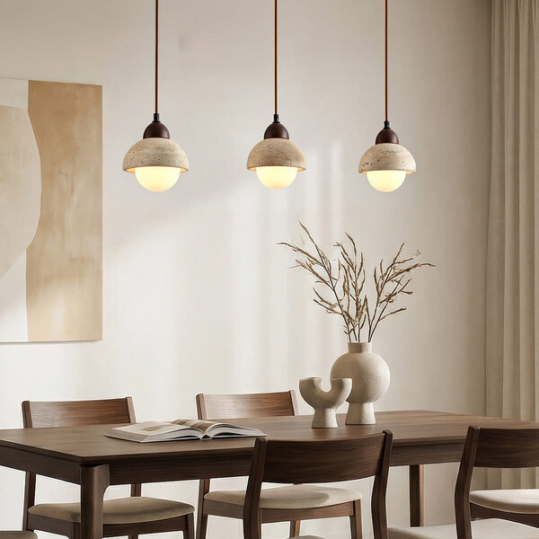 3-lichts hanglamp Vado van travertin (natuursteen), hout en glas