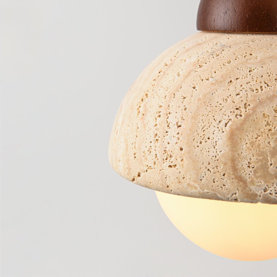 Japandi hanglamp Vado van travertin (natuursteen), hout en glas, 3-lichts