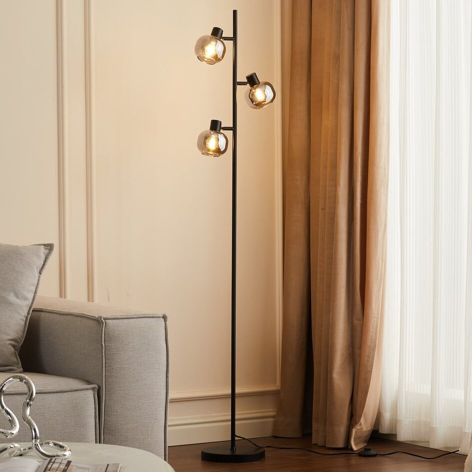 Zwarte staande lamp met smoke grijs glas en spiegeleffect, 3-lichts - Jesse