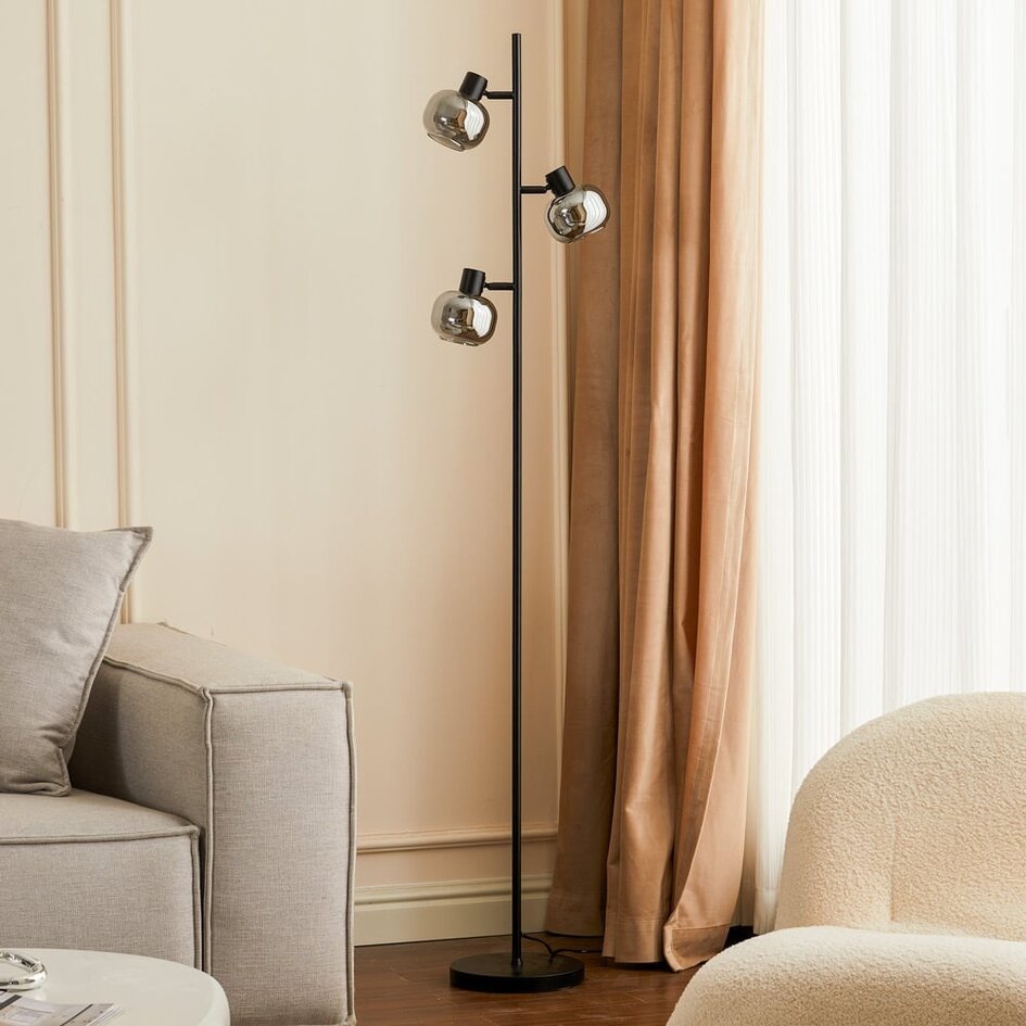 Zwarte staande lamp met smoke grijs glas en spiegeleffect, 3-lichts - Jesse