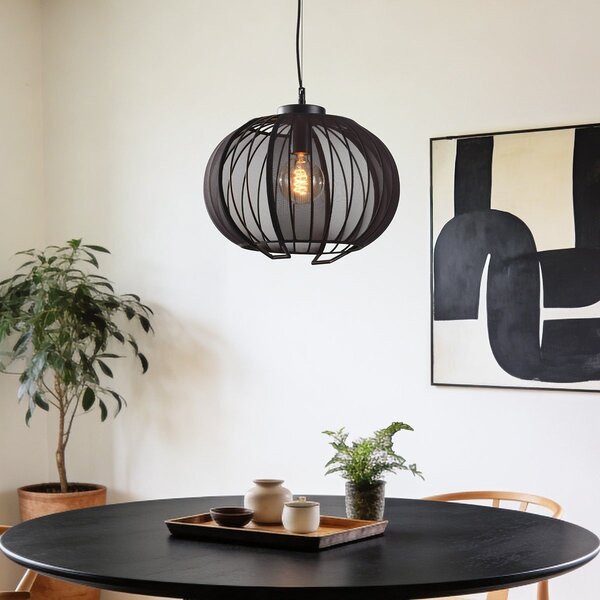 Hanglamp Lofas met open metalen kap en zwart stof
