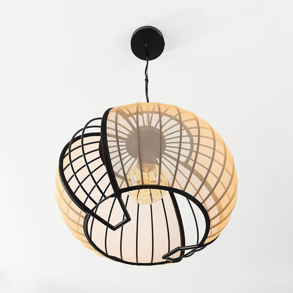 Suspension Lofas noire avec abat-jour métallique ouvert et lin beige