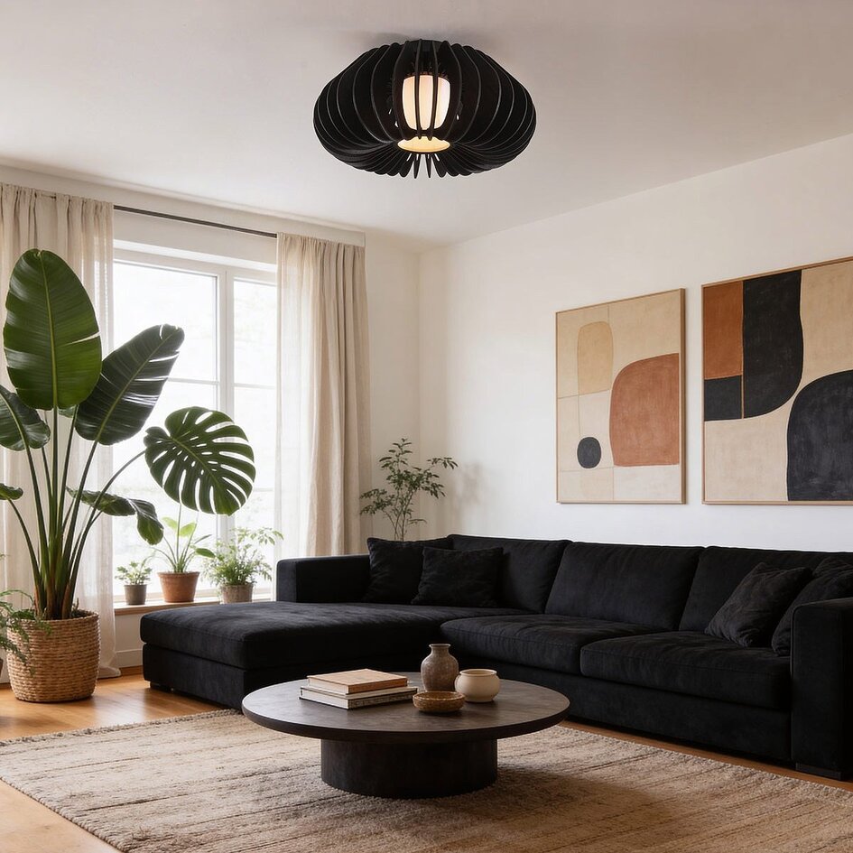 Plafonnier en bois Roia avec lamelles noires, forme ronde ouverte et diffuseur