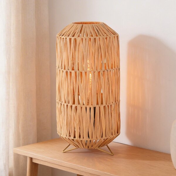Lampe de table Arena en papier raphia avec pied métallique beige