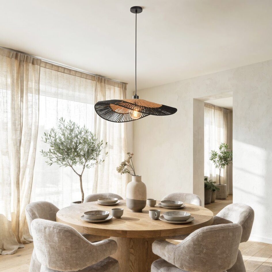Hanglamp Ravena van handgevlochten papier in zwart en naturel