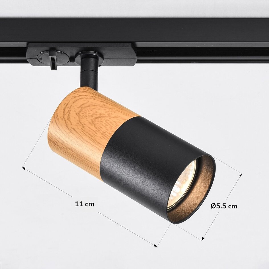 Spot sur rail monophasé noir avec aspect bois acajou - Linn
