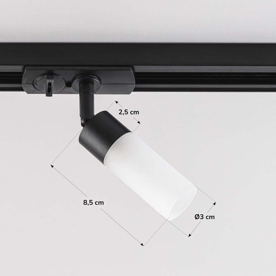 Zwarte 1-fase railspot Vexa met matte diffuser