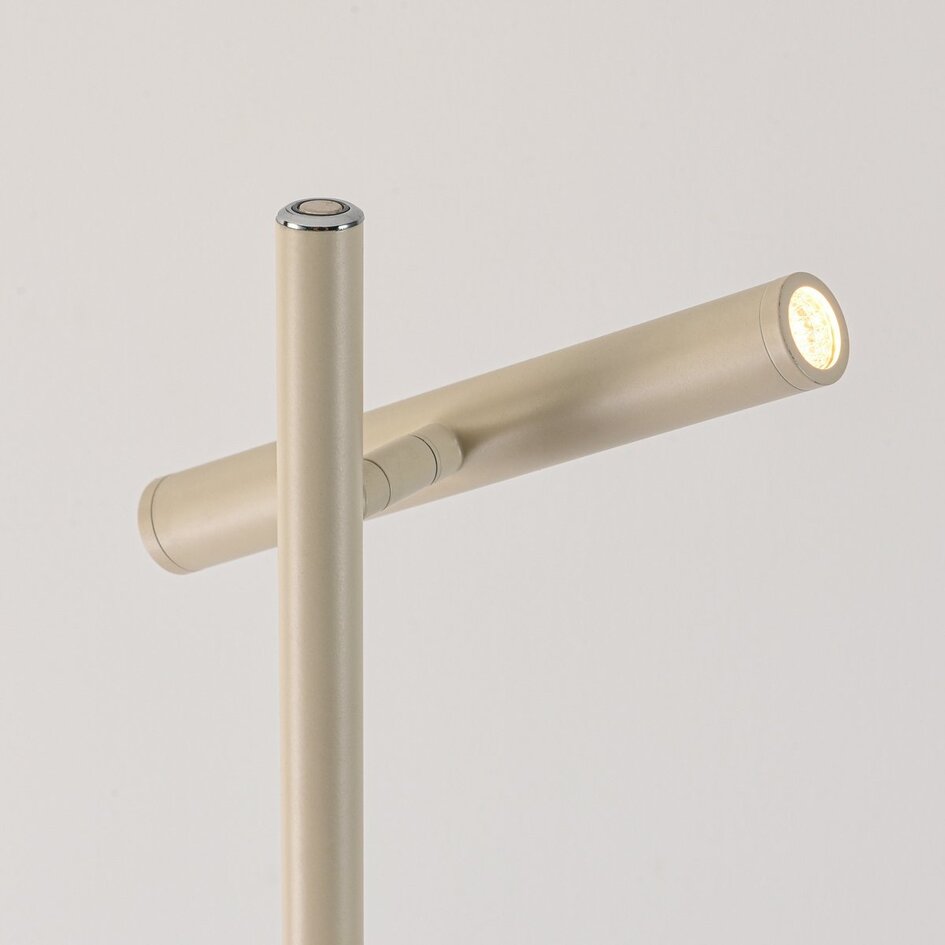 Lampadaire beige Zhan avec trois spots orientables, variateur tactile et éclairage haut/bas