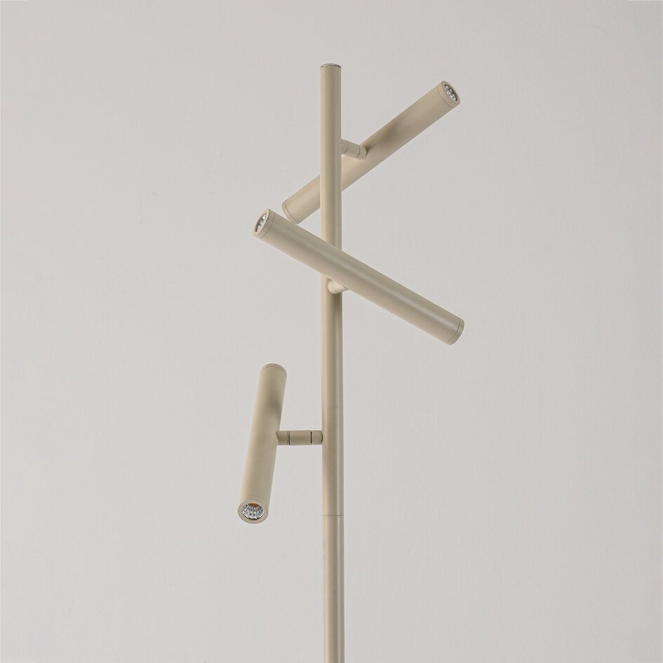 Lampadaire beige Zhan avec trois spots orientables, variateur tactile et éclairage haut/bas