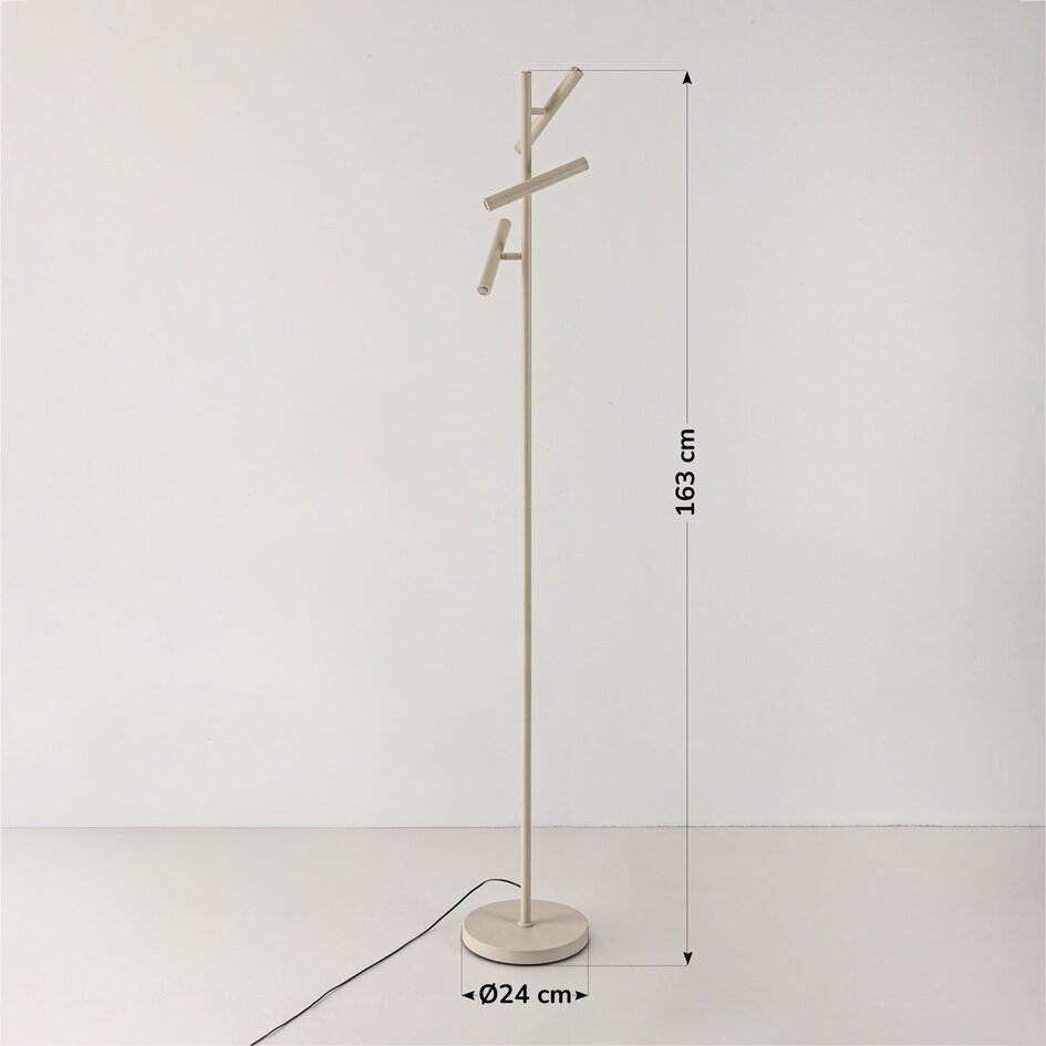 Beige vloerlamp Zhan met drie draaibare spots, touch dimmer en up & down licht