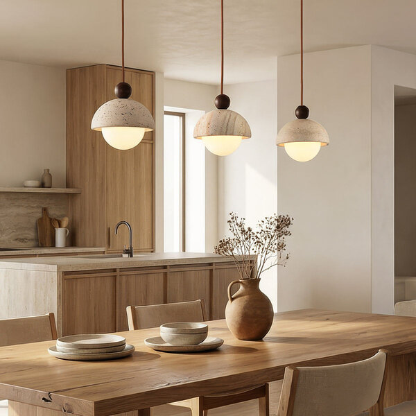 3-lichts hanglamp Vara van travertin (natuursteen), hout en melkwit glas