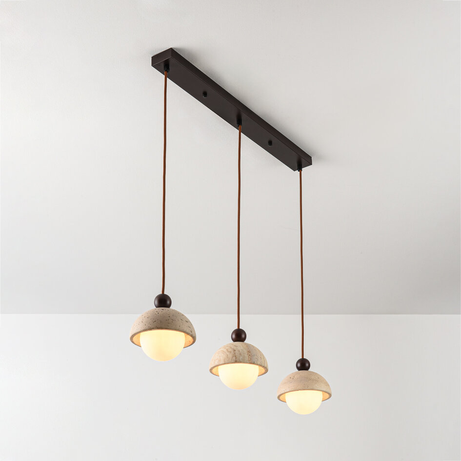 3-lichts hanglamp Vara van travertin (natuursteen), hout en melkwit glas