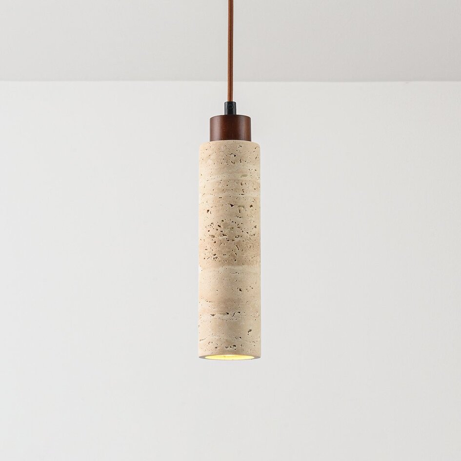 Suspension Oreno - travertin (pierre naturelle) et bois, ampoule incluse