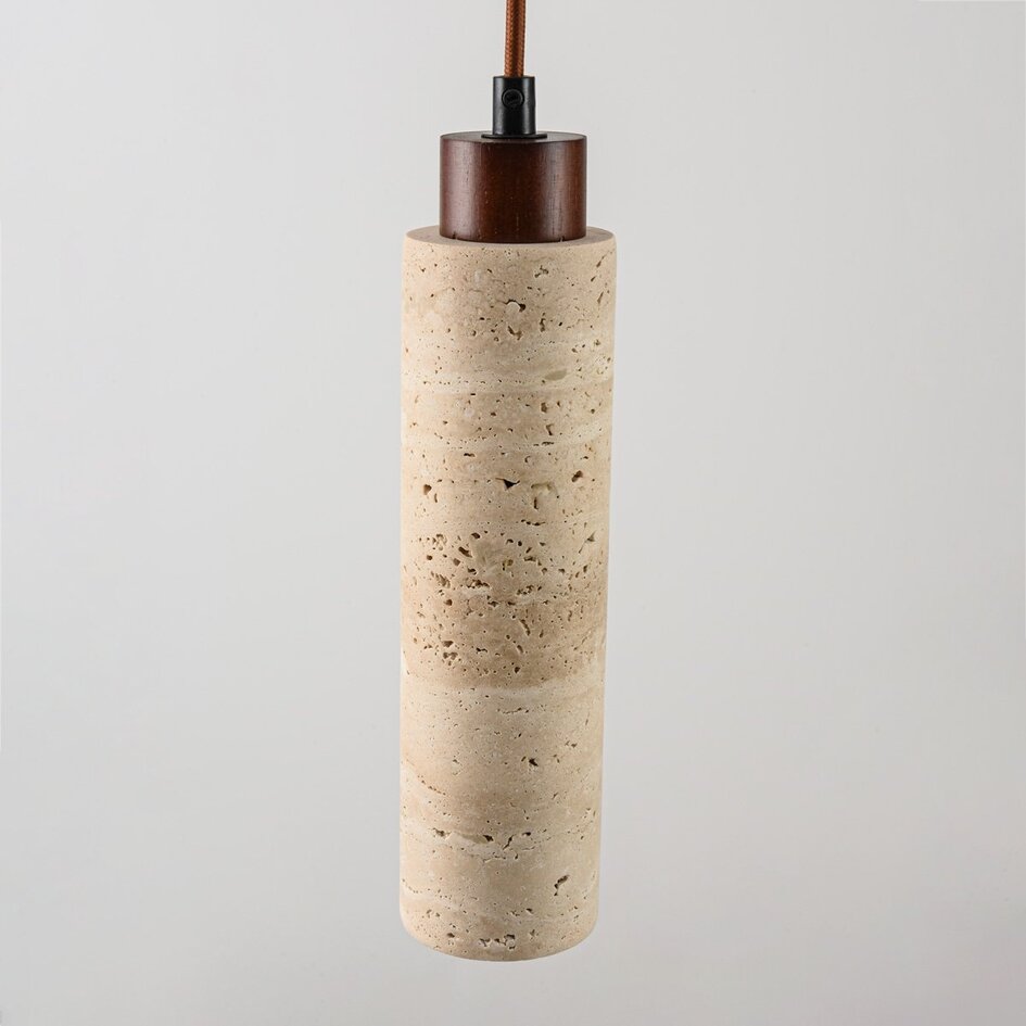 Suspension Oreno - travertin (pierre naturelle) et bois, ampoule incluse