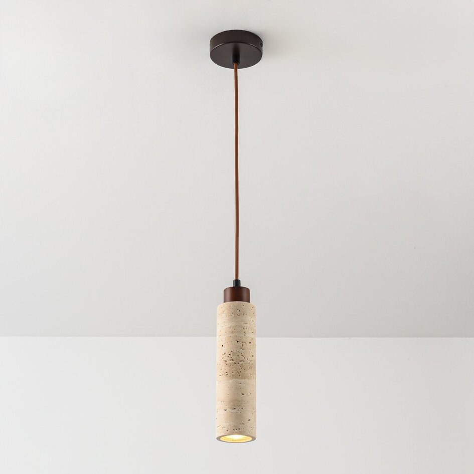 Suspension Oreno en travertin (pierre naturelle) et bois incl. source lumineuse Philips