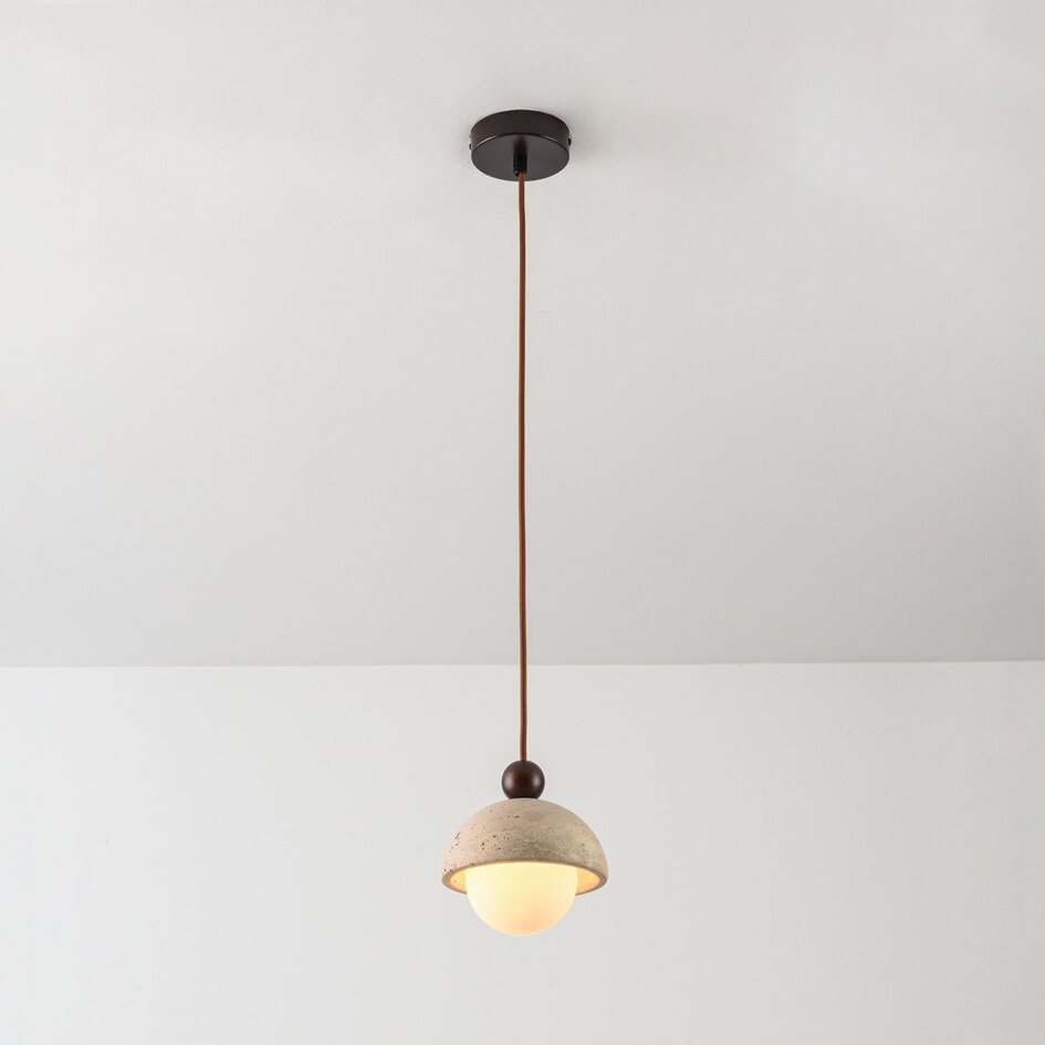 Hanglamp Vara van travertin (natuursteen), hout en melkwit glas