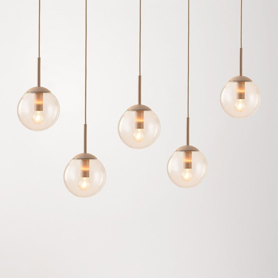 5-lichts hanglamp Alea - beige met transparante glazen bollen