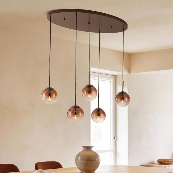 Suspension Nira avec boules en verre brun ombré, 5 lumières