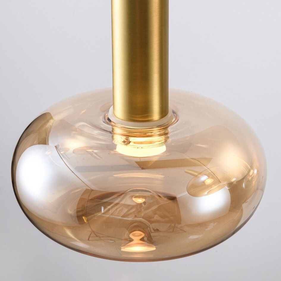 Dimbare hanglamp Valira met amber glas, gouden details en afstandsbediening, 5-lichts