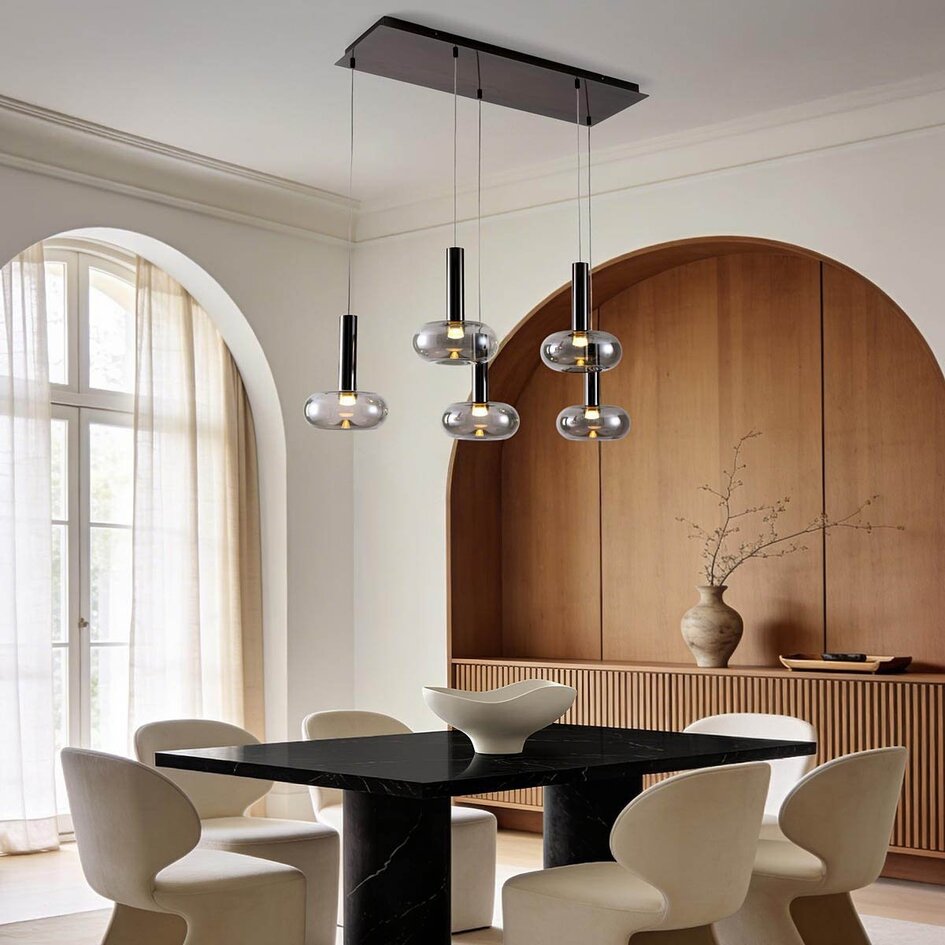 Suspension dimmable Valira en chrome noir avec verre fumé et télécommande, 5 lumières