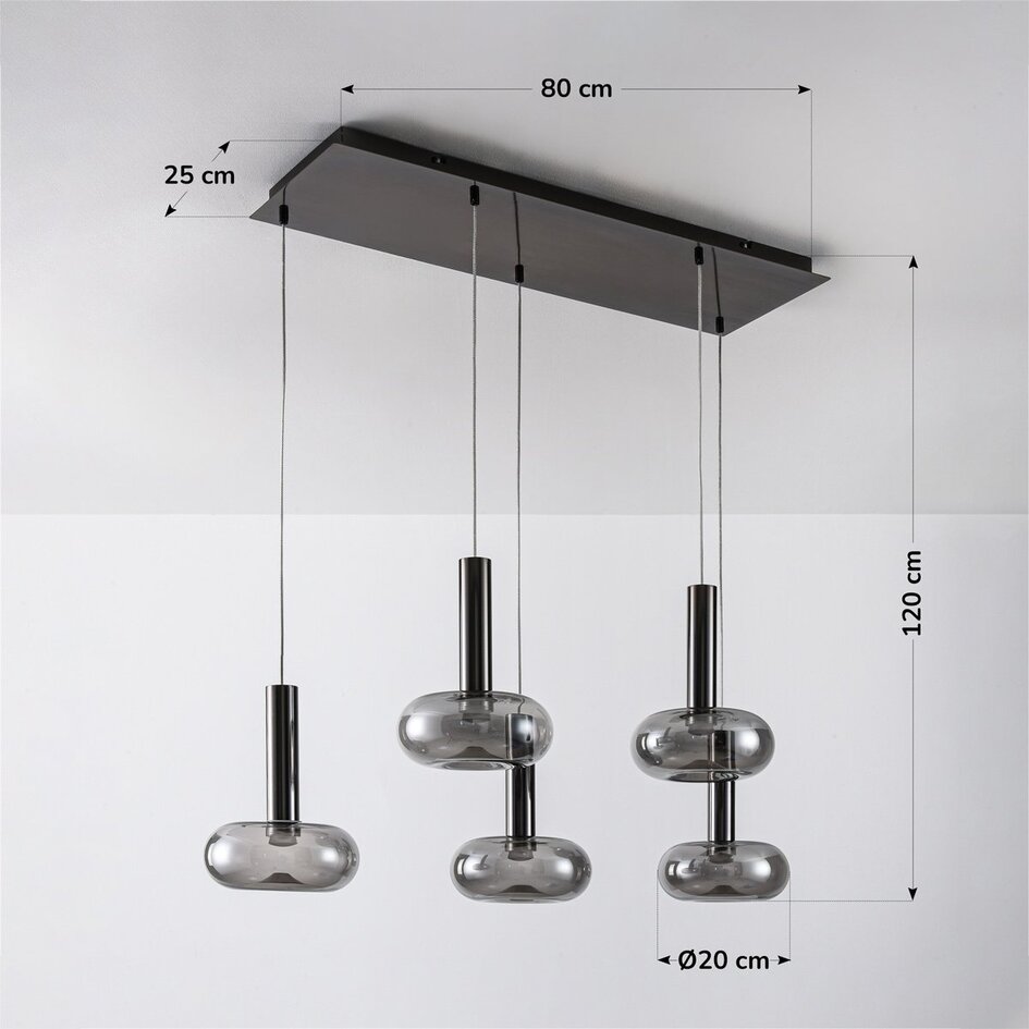 Suspension dimmable Valira en chrome noir avec verre fumé et télécommande, 5 lumières