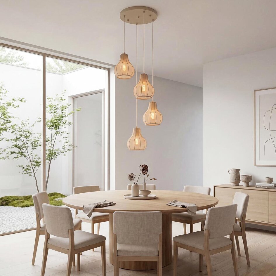 4-lichts Japandi hanglamp Senji zandtaupe met linnen kappen