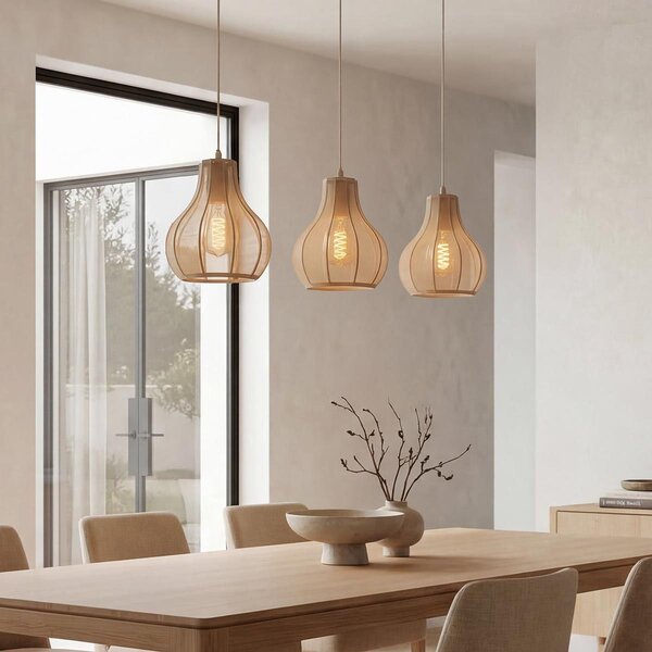 Suspension Japandi Senji avec trois abat-jours en lin - sable taupe