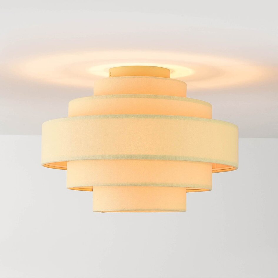 Plafonnier Mavro jaune pâle avec abat-jour en tissu superposé