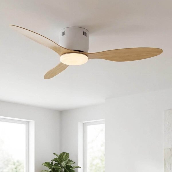 Ventilateur de plafond blanc avec aspect bois de hêtre et télécommande - Rivotra